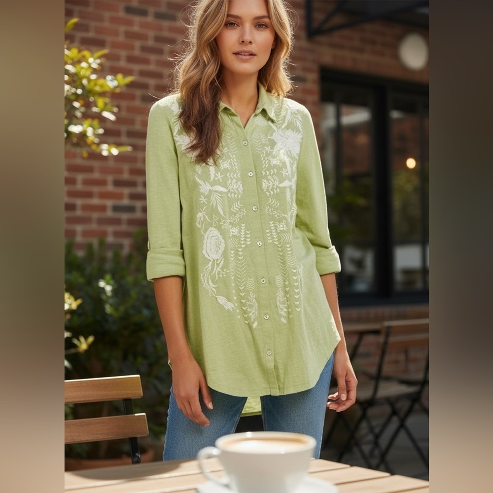 Soft Surroundings Womens Green Madie Tunic Embroidered Floral Long Sleeve L